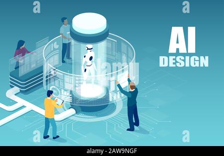 Vettore di ingegneri software che lavorano con un robot con l'utilizzo di un'interfaccia virtuale nella realtà aumentata. Illustrazione Vettoriale