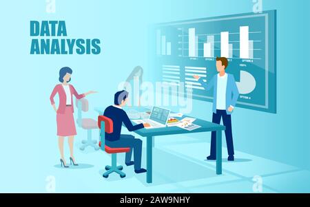 Vettore di un team aziendale che gestisce un nuovo progetto finanziario e analizza i dati in ufficio Illustrazione Vettoriale