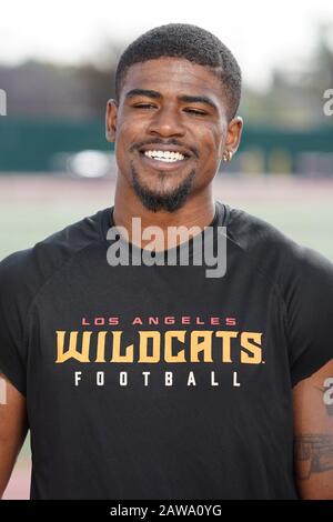 Los Angeles Wildcats ricevitore tre McBride durante la pratica, Mercoledì, 5 febbraio 2020, a Long Beach, Calif. I Wildcats fanno parte della squadra di otto XFL, un campionato di calcio americano professionale di proprietà di vince McMahon's Alpha Entertainment, con sede a Stamford, Connecticut. E 'il successore del XFL originale, che è stato controllato dalla World Wrestling Federation (WWF, ora WWE) e NBC, e ha corso per una sola stagione nel 2001.(Photo by IOS/ESPA-Images) Foto Stock