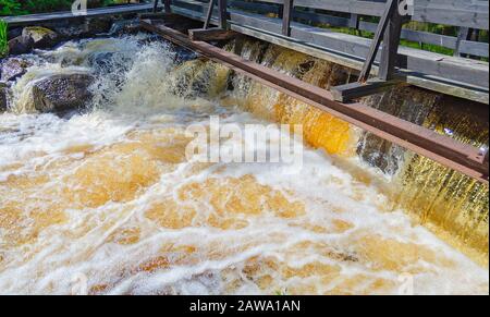 L'acqua colorata in oro è frizzante, scheggia e schiumosa in un vecchio sbarramento in Svezia Foto Stock