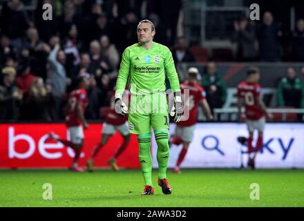 Il portiere di Birmingham Lee Camp reagisce dopo che Jamie Paterson di Bristol City segna il primo gol del gioco durante la partita del campionato Sky Bet a Ashton Gate, Bristol. Foto Stock