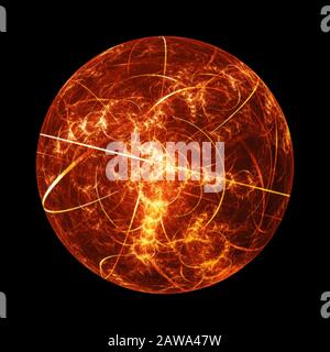 Sfera multidimensionale incandescente Fiery, frattale astratto generato dal computer, isolato su nero, rendering 3D Foto Stock