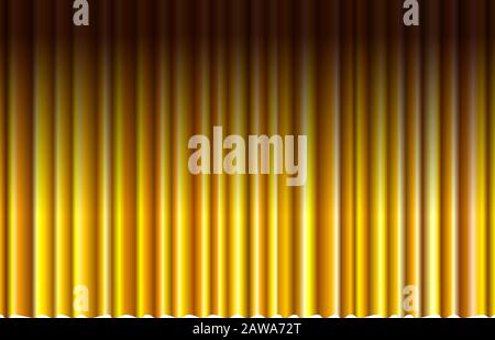 Tenda chiusa in oro di lusso con molti spot di sfondo ombra illuminato. Spettacolo teatrale con drappeggi in tessuto di velluto e cerimonia di apertura. Illustrazione del gradiente vettoriale Illustrazione Vettoriale