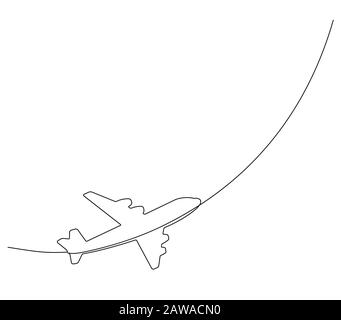 Disegno continuo su una linea. Aereo in volo su sfondo bianco. Illustrazione Vettoriale