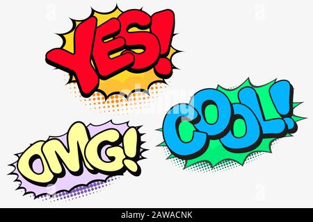 Molto luminoso fumetto colorato bolle con didascalie sì, OMG, COOL per il tuo design. Illustrazione Vettoriale