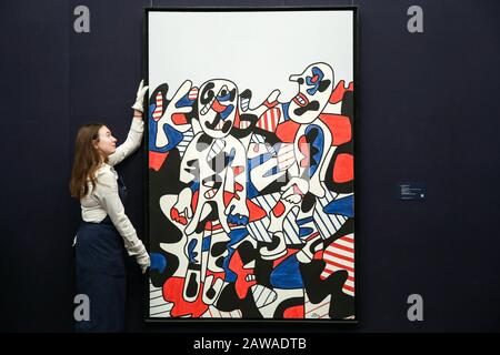 Londra, Regno Unito. 7th Feb, 2020. Un tecnico appende un dipinto di Jean Dubuffet intitolato "episodio Champetre" (Est Â£900, 00 - Â£1,2 milioni) in anteprima dell'arte contemporanea di Sotheby L'asta si terrà presso Sotheby's, nel centro di Londra, l'11 e 12 febbraio 2020. Credit: Dinendra Haria/Sopa Images/Zuma Wire/Alamy Live News Foto Stock