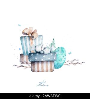 Carino confezione di premi con uovo. Acquerello disegnato a mano Illustrazione per il disegno di pasqua uno sfondo bianco Foto Stock