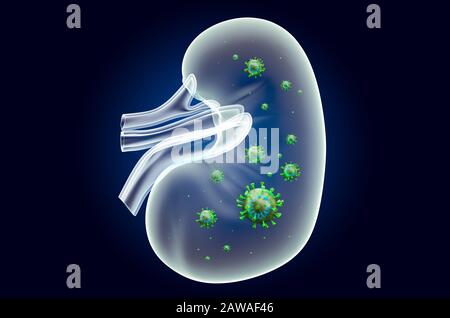 Rene con virus, effetto luce fantasma, ologramma a raggi X. Rendering 3D su sfondo blu scuro Foto Stock