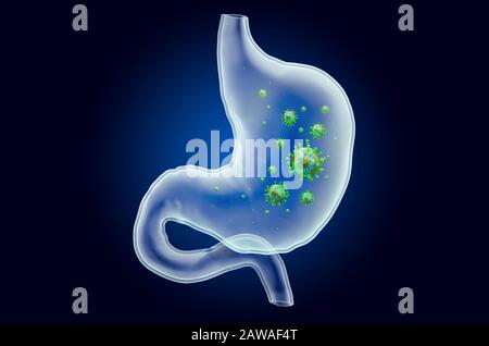 Stomaco con virus, effetto luce fantasma, ologramma a raggi X. Rendering 3D su sfondo blu scuro Foto Stock