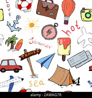 Insieme di icone disegnate a mano sul tema del viaggio. Illustrazione Vettoriale