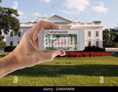 Morgantown, WV - 7 febbraio 2020: Concetto di utilizzo di what3words per trovare la posizione esatta della Casa Bianca a Washington DC Foto Stock