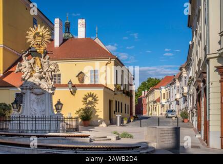 Gutenberg Square, Ark of the Covenant, 1731, in stile barocco, a sinistra, Parte Interna della città di Gyor, Transdanubia occidentale, Ungheria Foto Stock