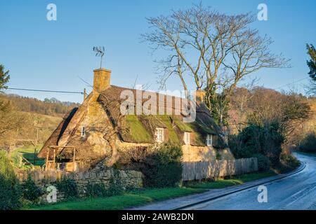 Cotswold pietra cottage con tetto di paglia nel pomeriggio luce invernale. Vicino Stanway, Cotswolds, Gloucestershire, Inghilterra Foto Stock