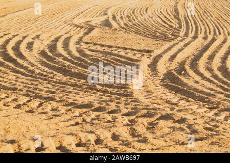 Disegno di creste curve e solchi su un campo sabbioso. Tracce sulla sabbia. Tracce trattore Foto Stock