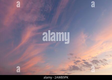 Cielo rosa tramonto mozzafiato e nuvole ondulate su uno sfondo blu cielo. Foto Stock