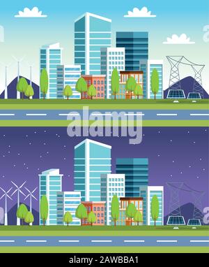 edifici e pannelli solari scene cityscape Illustrazione Vettoriale