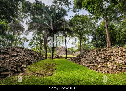 Campo Da Ballo est a Lubaantun, rovine Maya, foresta pluviale nelle Montagne Maya, vicino al villaggio di San Pedro Columbia, quartiere di Toledo, Belize Foto Stock