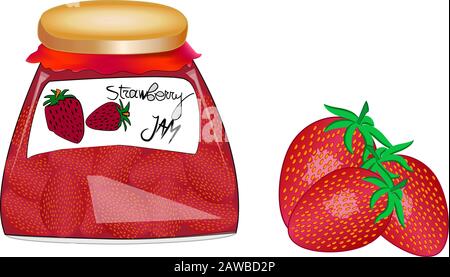 Vaso in vetro con confettura di fragole su sfondo bianco. Marmellata in un vasetto di fragole mature succose. Bacche fresche con foglie isolate. Etichetta di inceppamento. Vettore Illustrazione Vettoriale