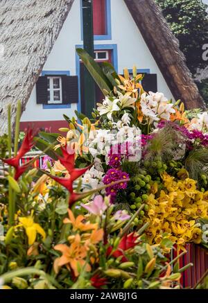 Una composizione floreale di fiori tropicali e una casa tradizionale da Santana in background. Madeira, Portogallo Foto Stock