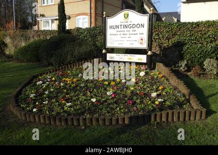 huntingdon centro città, cartello, cambridgeshire, inghilterra, regno unito, gb Foto Stock