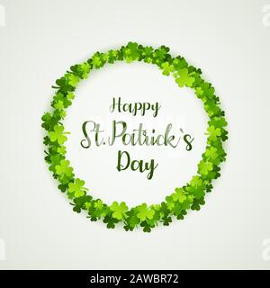 Illustrazione vettoriale di un giorno di San Patrizio. Cornice circolare con shamrock verde isolato su sfondo bianco. Illustrazione Vettoriale