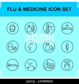 set di icone di influenza e medicina. Profilo Style.lu, febbre, freddo, virus, corona, polmone, lavaggio, mano, flacone, compressa, vaccino, letto, riposo, anti-virus, rea Foto Stock