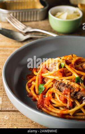 Pasta bucatini con Sardine in salsa di pomodoro. Primo piano. Foto Stock