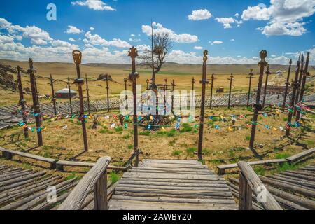 13th secolo villaggio in Mongolia offre uno sguardo unico alla cultura nomade del popolo mongolo. Foto Stock