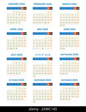 modello di stile classico mensile del calendario 2020 in blu Illustrazione Vettoriale