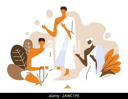 Hajj, il popolo musulmano prega Allah con perline rosarie Illustrazione Vettoriale
