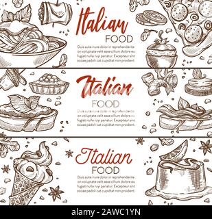 Pasta e pizza, menù di cucina italiana, piatti italiani Illustrazione Vettoriale