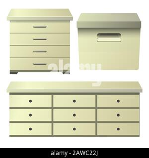 Cassettiera in crema con comodino e vano portaoggetti Illustrazione Vettoriale