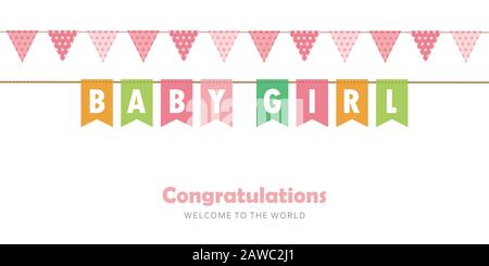 Baby girl party flag welcome greeting card for childbirth vector Illustration EPS10 Illustrazione Vettoriale
