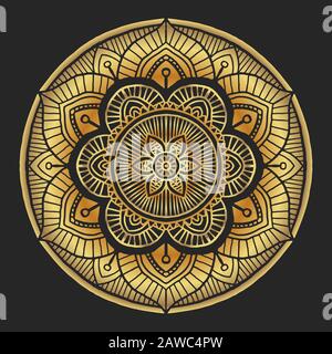 Lussuoso ornamento tondo decorativo Mandala Golden su sfondo nero, disegnato a mano in stile arabo islamico - ornamento vettoriale orientale Illustrazione Vettoriale