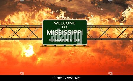 Benvenuto a Mississippi USA Interstate Highway Accedi a Un incredibile tramonto nuvoloso Photorealistic 3D Illustrazione Foto Stock