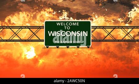 Benvenuti in Wisconsin Stati Uniti Interstate Highway Accedi a Un Incredibile tramonto nuvoloso Photorealistic 3D Illustrazione Foto Stock