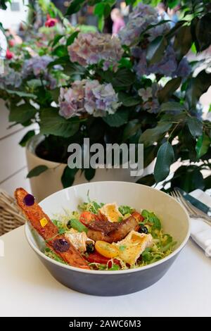 Antipasto colorato di foie gras fritto, formaggio camembert e pane dolce sul patio verde estate Foto Stock