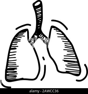 Polmoni di organo umano in stile doodle disegnato a mano isolato su sfondo bianco. Illustrazione del contorno dello stock vettoriale. Elemento Pneumonia.Sign. Attrezzature mediche Illustrazione Vettoriale