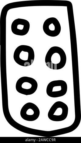 Confezione o piatto di pillole in stile doodle disegnato a mano isolato su sfondo bianco. Illustrazione del contorno dello stock vettoriale. Singolo. Elemento segno. Attrezzature mediche Illustrazione Vettoriale