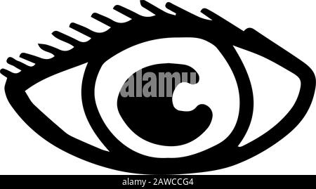 Occhio umano in stile doodle disegnato a mano isolato su sfondo bianco. Illustrazione del contorno dello stock vettoriale. Singolo. Elemento segno. Logo. Stampa. Reg. Linea Illustrazione Vettoriale