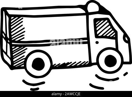 Ambulanza o camion in stile doodle disegnato a mano isolato su sfondo bianco. Illustrazione del contorno dello stock vettoriale. Singolo. Elemento segno. Apparecchiature mediche Illustrazione Vettoriale