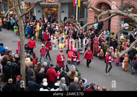 Magonza, Germania. 08th Feb, 2020. Numerosi spettatori seguono il Masquerade giovanile. Secondo gli organizzatori, la sfilata è la più grande sfilata di giovani stolti in Europa. È già due settimane prima del matrimonio carnevale perché cade durante le vacanze invernali. Credito: Silas Stein/Dpa/Alamy Live News Foto Stock