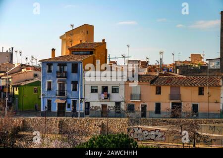 Le famose case colorate di Villajoyosa, Costa Blanca, Spagna Foto Stock