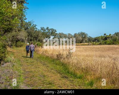 Coppia a piedi sulla Fox's Low Road nel Myakka River state Park a Sarasota Florida Foto Stock