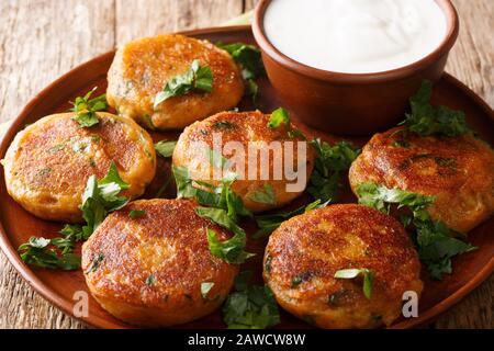 Patate indiane Patties Aloo Tikki servito con yogurt primo piano in un piatto sul tavolo. Orizzontale Foto Stock