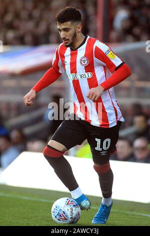 Londra, Regno Unito. 08th Feb, 2020. Ha detto Benrahma di Brentford in azione. EFL Skybet Championship match, Brentford contro Middlesbrough allo stadio Griffin Park di Londra sabato 8th febbraio 2020. Questa immagine può essere utilizzata solo per scopi editoriali. Solo uso editoriale, licenza richiesta per uso commerciale. Nessun utilizzo nelle scommesse, nei giochi o nelle singole pubblicazioni club/campionato/giocatore. PIC by Steffan Bowen/Andrew Orchard sports photography/Alamy Live News Credit: Andrew Orchard sports photography/Alamy Live News Foto Stock