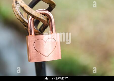 l'amore può durare per sempre. un lucchetto con la forma del cuore scolpita su di esso. primo piano Foto Stock