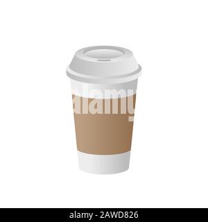 Bicchiere di carta bianca con coperchio e manicotto increspato. Tazza da caffè usa e getta realistica su sfondo bianco. Tazza di plastica vuota per il logo Cafe. Vuoto. Vettore Illustrazione Vettoriale