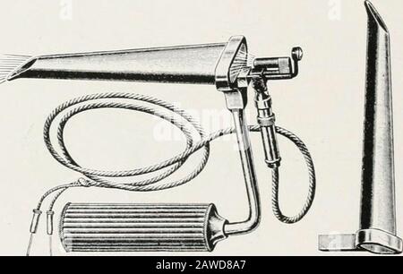 Endoscopia perorale e chirurgia laringea . -ngoscopio(Fig. 14) ideato dall'autore nel 1903 e mostrato in Fig. 7 del. Fig. Spatola-tubo laringeo Yankauers. Libro precedente (P)ib. 2()9) è stato trovato per rispondere a tutti i requisiti fordirect laryngoscopv così bene che l'atuhor non ha fatto modifiche, excesjt che, su suggerimento di R. H. Johnston il manico è ora madedetachable. Questo strumento ha ricevuto vari nomi: Laryngealspeculum, speculum di scorrimento, laryngoscope diretto, ecc. Essendo us.ed per l'ex-.aminazione della laringe, sembrerebbe che il termine ora generalmente usedterm lan^ngoscope è pref Foto Stock