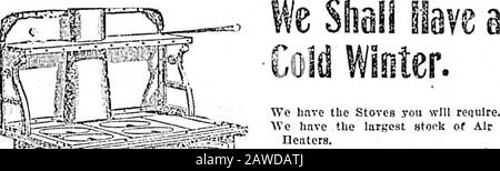 Colonista Giornaliero (1900-10-24) . 78 YATES STREETTCOR, BR0.4D.. WM abbiamo gli Stoves yon, richiederà.AVC hanno il più grande stock di Air TlKbt- napprovvigiones.Wc hanno tber, stili migliori, abbiamo. the.cheapest prices.We have a new line of Coal Heaiers.We attend to ail orders promputtlK i^ rnOPRIETTRSS. Foto Stock